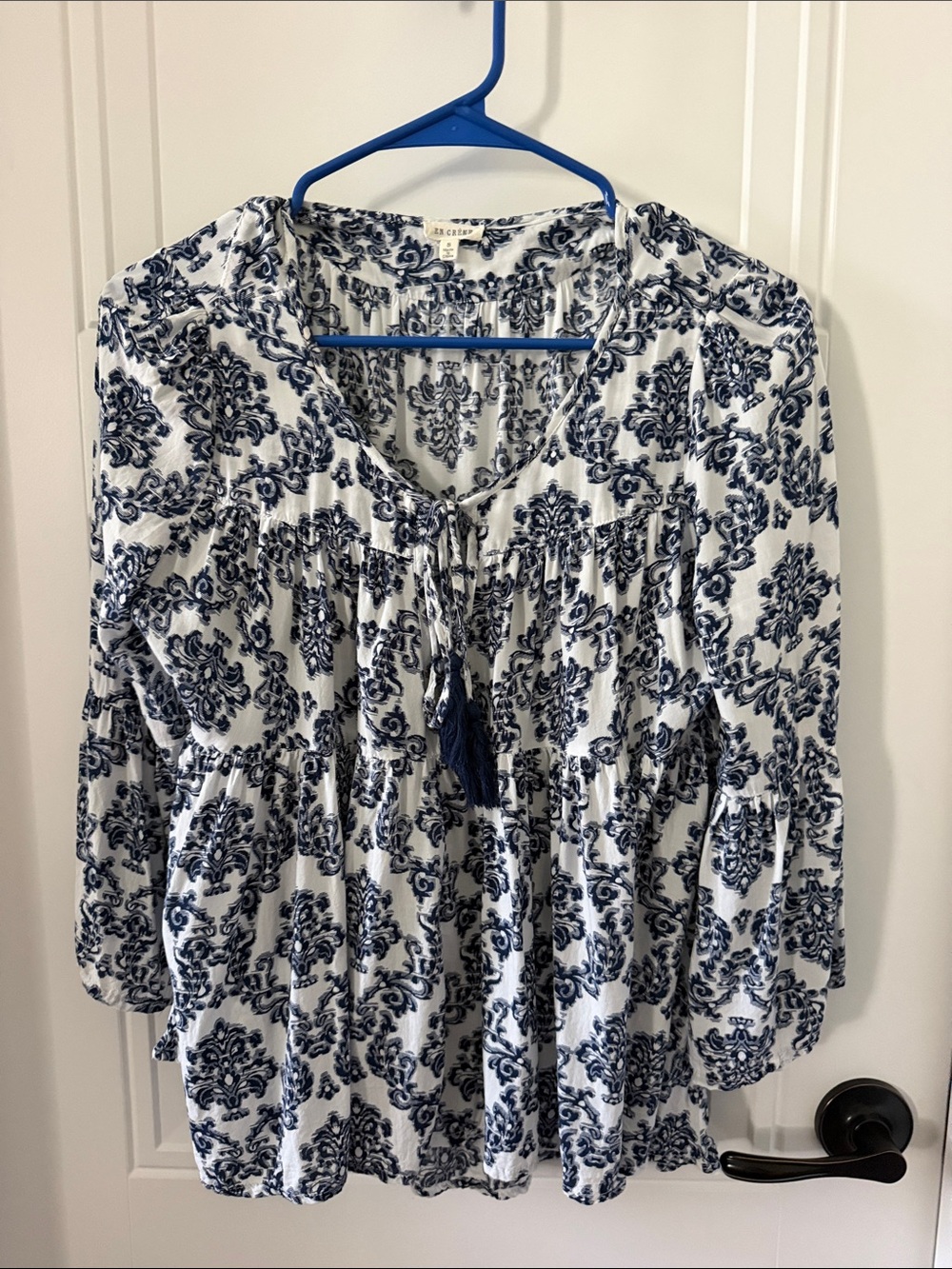 En Creme White and Navy Boho Printed Top